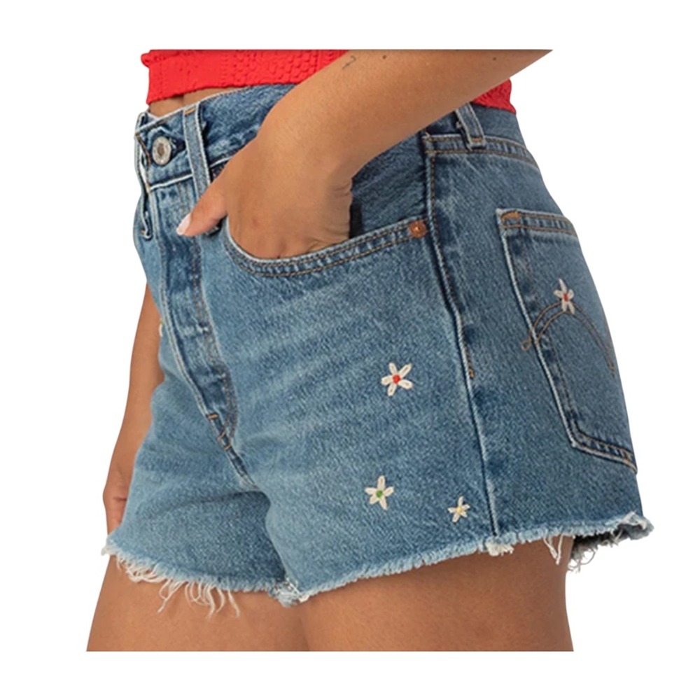 LEVI'S JEANS 501 Button-Fly Denim Shorts BEE IN BONNET Embroidered Flowers SZ 31